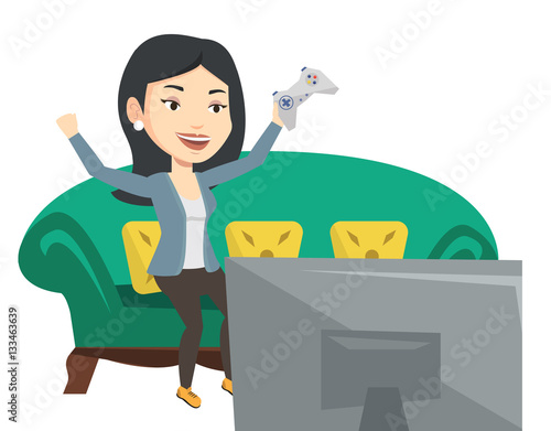 Woman playing video game vector illustration.