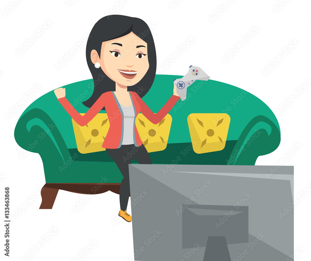 Woman playing video game vector illustration. Woman playing video game vector illustration.