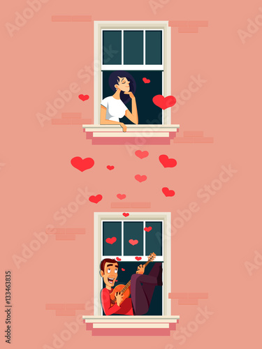 Young girl listening her love serenade. Boy with guitar. Vector
