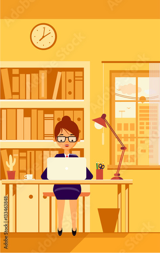 Young girl work at office morning time. Sunny day. Vector illust
