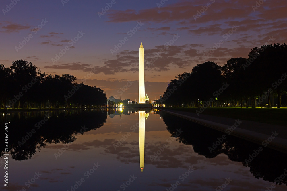 Washington Monument in the National Mall, Washington DC. Washington Monument on sunset sky background in the dusk.
