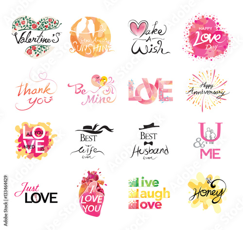 Set of love icon. hand drawn quotes in vector. Greeting Valentine's or love cards.