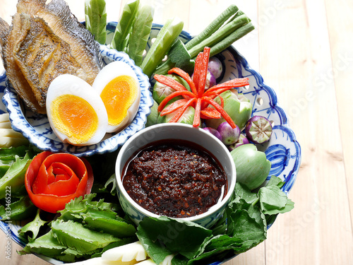 Stir the pastes eaten with boiled vegetables, eggs and fish. Thailand Food "Nam-pik-pao"