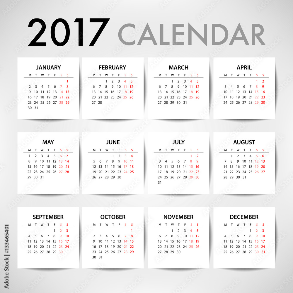 Calendar for 2017 template design. Week Starts Monday Calendar for 2017 template design. Week Starts Monday