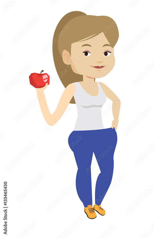 Slim woman in pants showing results of her diet. Slim woman in pants showing results of her diet.