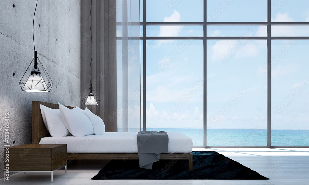 Fototapeta premium The interior design of minimal bed room and sea view