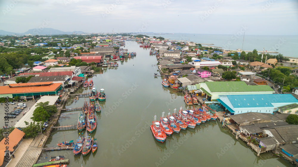 Aerial view of Fisherman village in Thailand