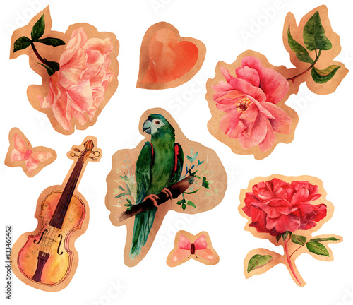 Romantic collection of vintage style cutouts with watercolor dra photo