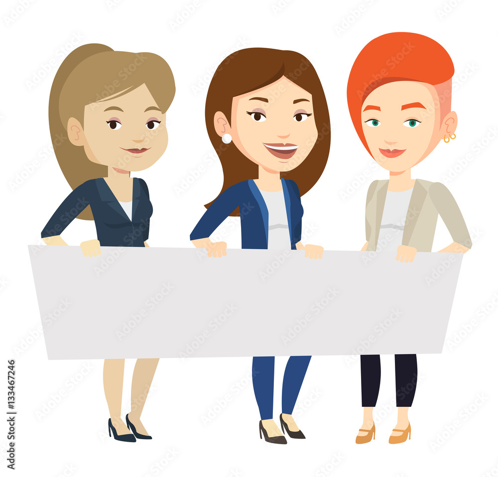 Group of young women holding white blank board. Group of young women holding white blank board.