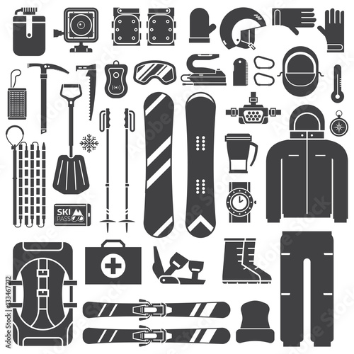 Mountain skiing and snowboarding equipment outline icons. Ski gear snowboard accessories. Jumpsuit, skis, rescue kit and other winter sports and activity elements. Snow ride essentials collection.