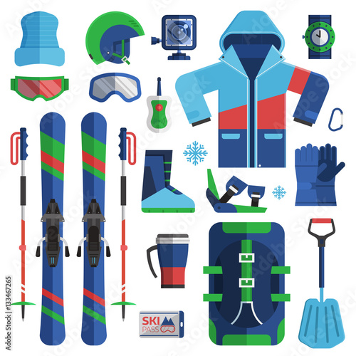 Mountain skiing gear and accessories collection. Ski jacket, avalanche rescue kit, snow boots, poles and other winter sport and activity essentials set. Skiing equipment vector elements set.