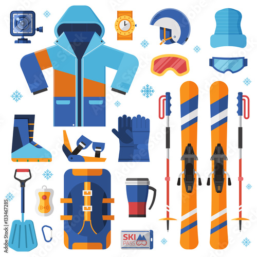 Mountain skiing gear and accessories collection. Ski jacket, avalanche rescue kit, snow boots, poles and other winter sport and activity essentials set. Skiing equipment vector elements set.