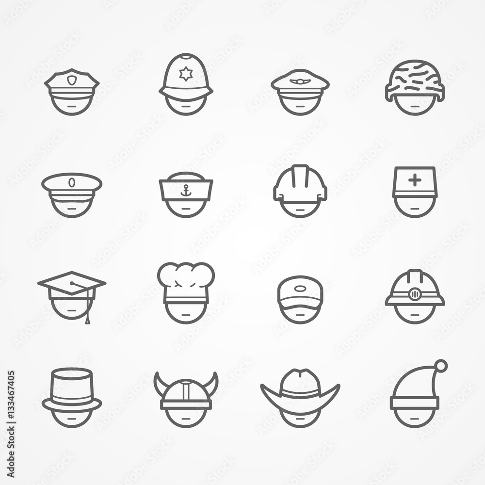 Set of peoples faces showing professions. Doctor worker driver policeman sailor pilot cook soldier miner cowboy. Minimalistic silhouette line style no eyes. People vector stock image.