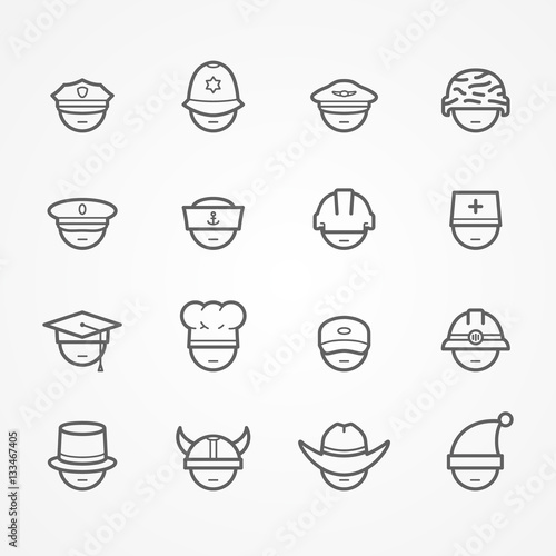 Set of peoples faces showing professions. Doctor worker driver policeman sailor pilot cook soldier miner cowboy. Minimalistic silhouette line style no eyes. People vector stock image.