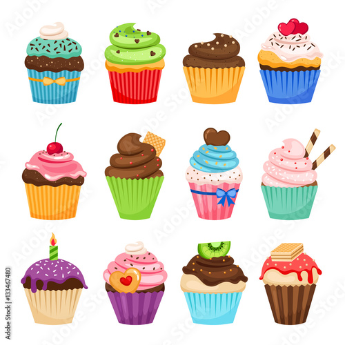 Delicious cupcakes and vector sprinkles muffin set isolated on white background