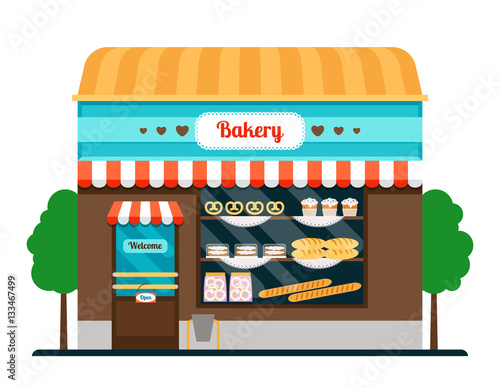 Bakery shop front veiw flat icon. Bakery facade vector illustration