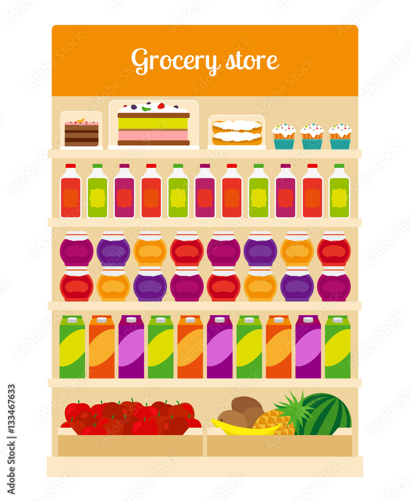 Products on groceries store shelves. Cakes, fruits and juice products in shop with inscription. Vector illustration