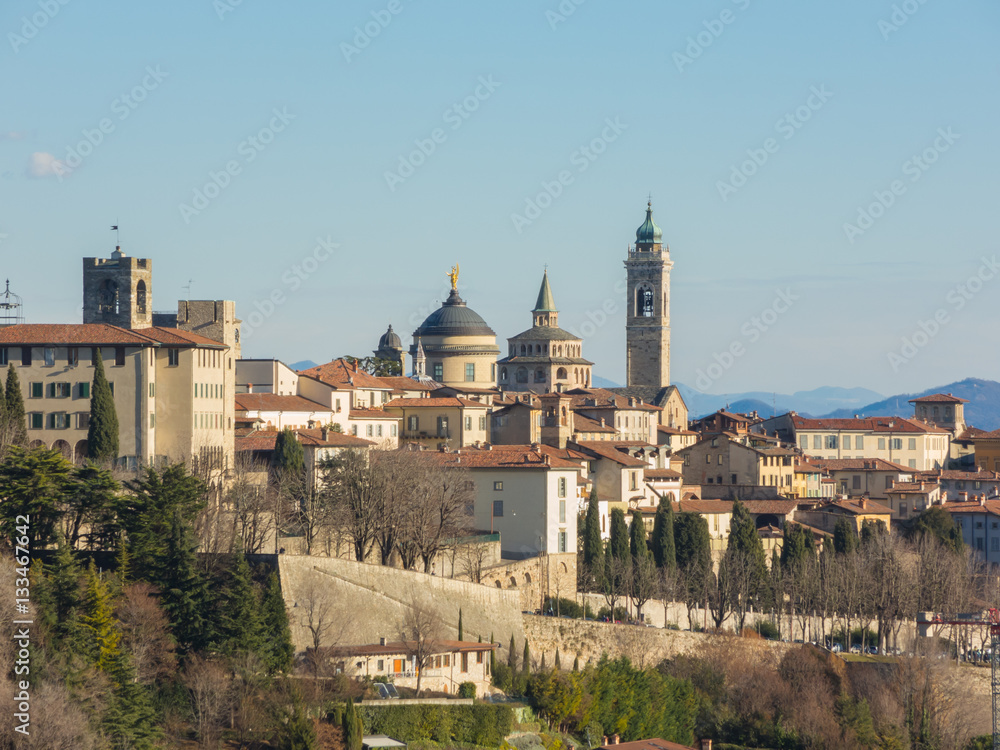 Bergamo - Old city (Citta Alta). One of the beautiful city in Italy. Lombardia. Landscape from the hills during a beautiful winter day with blue sky.
