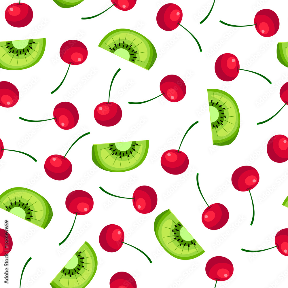Fruit pattern with kiwi slices and cherries on white background. Vector illustration Fruit pattern with kiwi slices and cherries on white background. Vector illustration