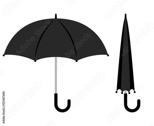 Open and folded black umbrella icons on white background. Vector illustration