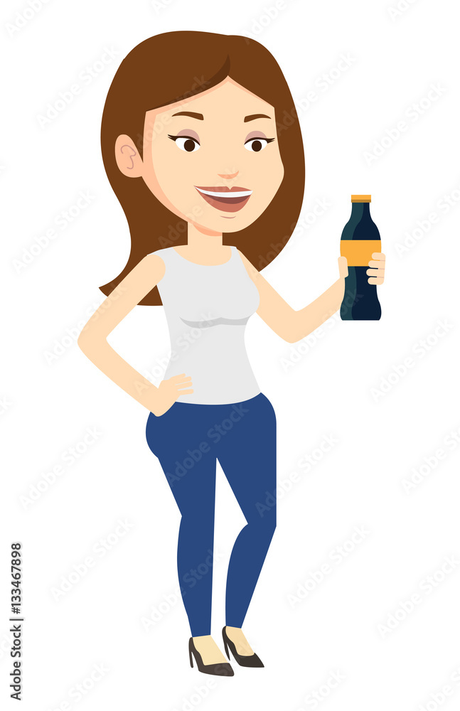 Young woman drinking soda vector illustration.