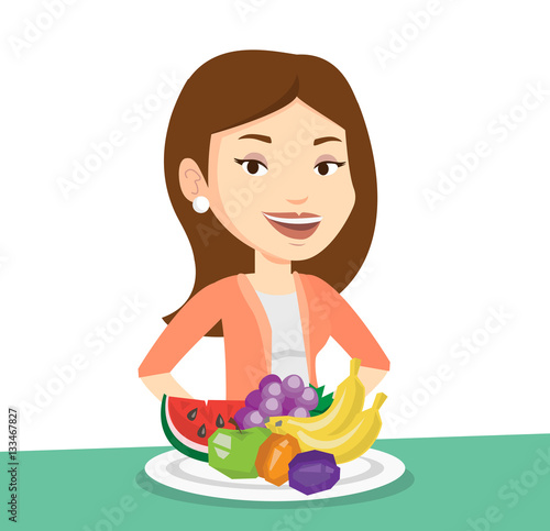 Woman with fresh fruits vector illustration.