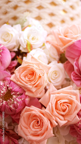 Fototapeta Naklejka Na Ścianę i Meble -  Pink roses and lotuses flower valentine background with copy spa