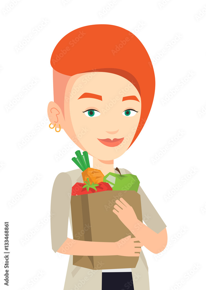 Happy woman holding grocery shopping bag. Happy woman holding grocery shopping bag.