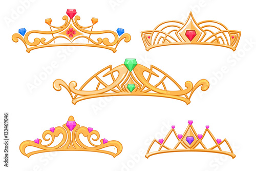 Vector princess crowns, tiaras with gems cartoon set