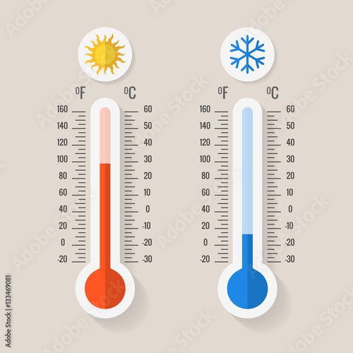 Celsius and fahrenheit meteorology thermometers measuring heat or cold, vector illustration