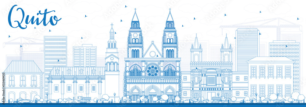 Outline Quito Skyline with Blue Buildings.
