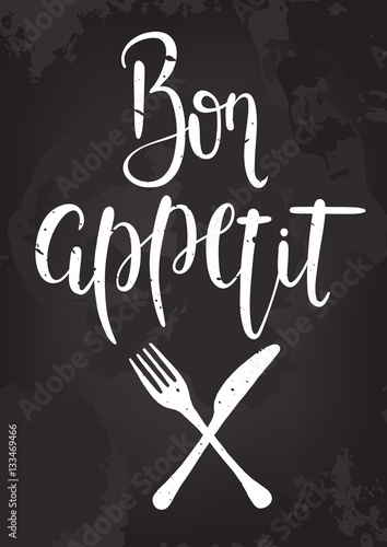 Vector Bon appetit. Hand drawn. Poster. Lettering. Illustration. Fork and knife.
