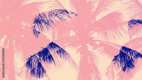 Artistic Background  in Pink and Indigo Colors With Super Palm Trees Silhouettes Moving Smoothly in Slow Mothion