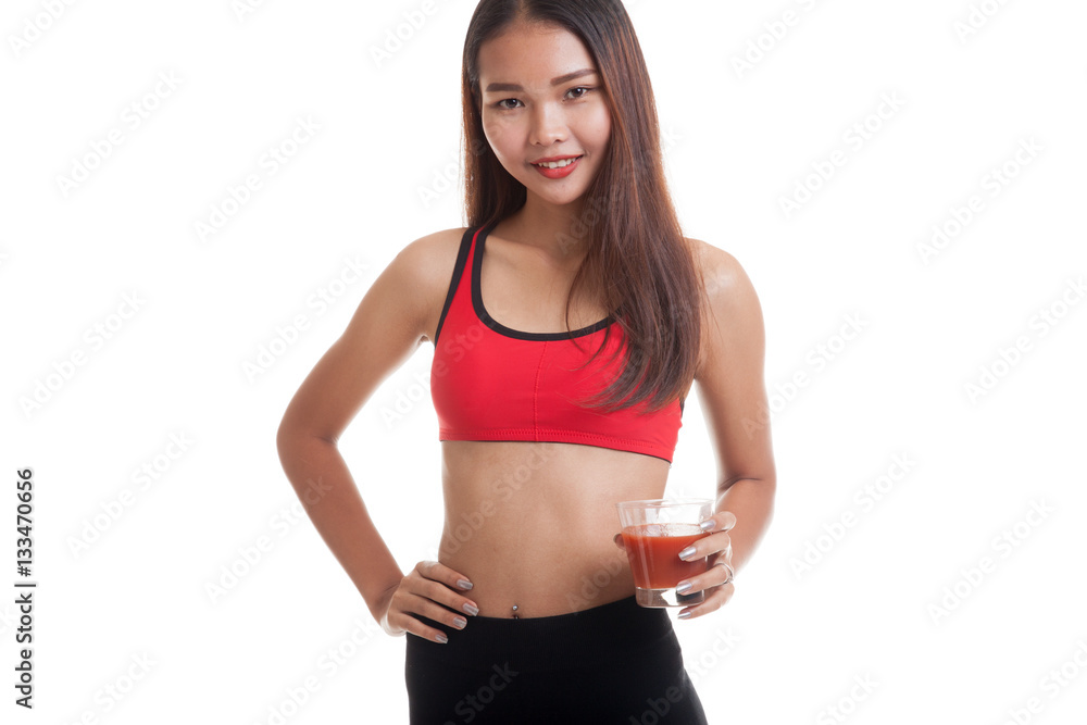 Beautiful healthy Asian girl with tomato juice. Beautiful healthy Asian girl with tomato juice.