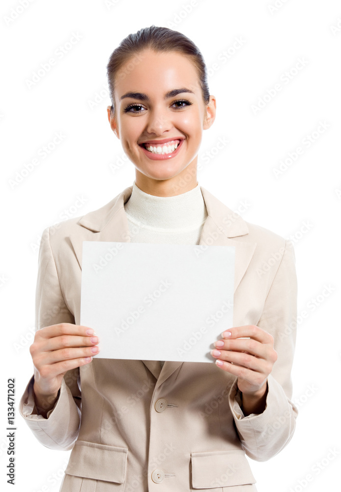 businesswoman showing blank signboard businesswoman showing blank signboard