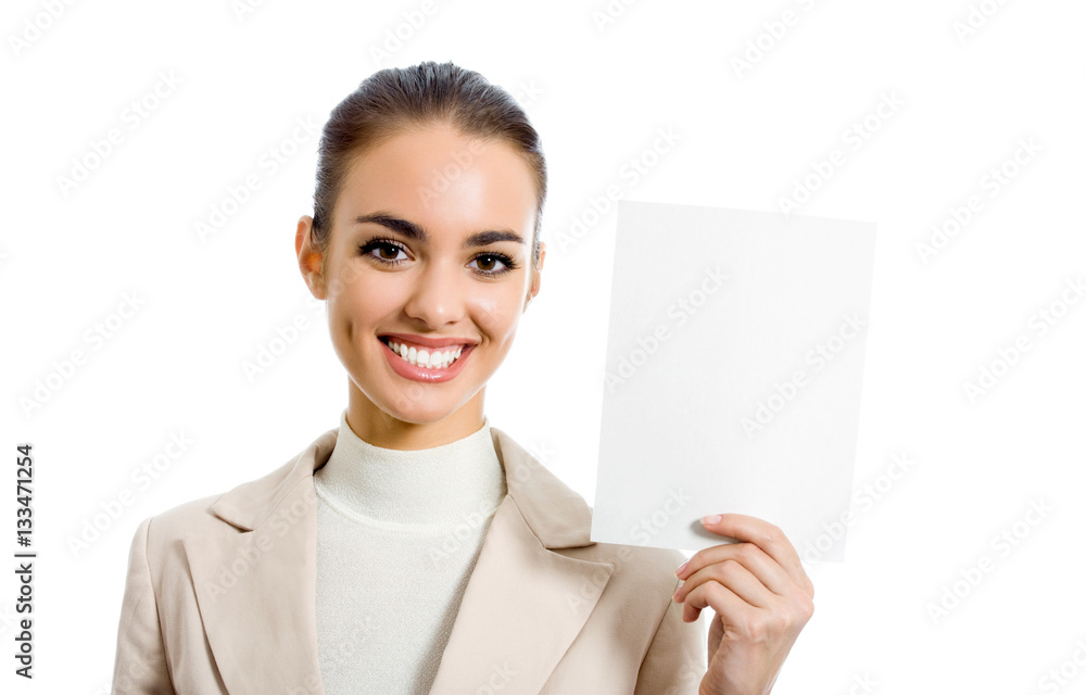 businesswoman showing blank signboard