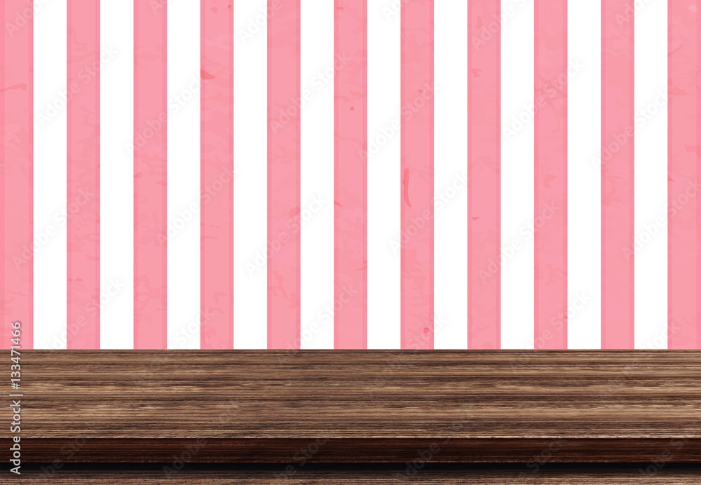 Empty brown wood table top on wall with pink and white stripes, Used for display or montage your products.