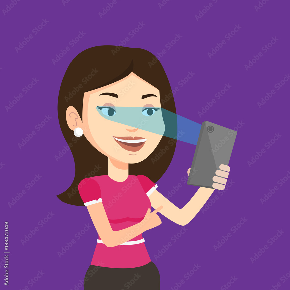 Woman using iris scanner to unlock mobile phone. Woman using iris scanner to unlock mobile phone.