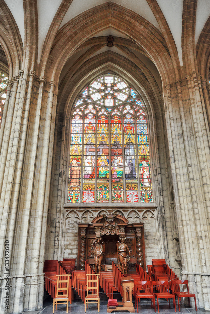 BRUSSELS, BELGIUM - JULY 07, 2016 :Stained glass inside Cathedra