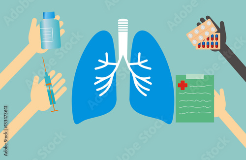 Medicine concept - lungs shape and hands with medical things