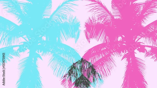 Artistic Background With Colorful Palm Tree Silhouettes Moving Smoothly in Slow Mothion (Loop)