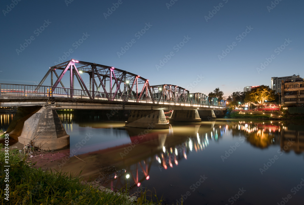 Iron Bridge in twlight time, Top Tourist attraction in Chiangmai