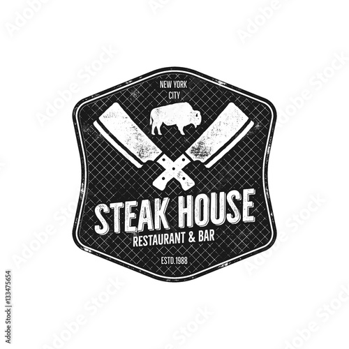 Steak House vintage Label. Typography letterpress design. Vector steak house retro logo. Included bbq grill symbols for customizing steak house badge. Monochrome insignia isolated