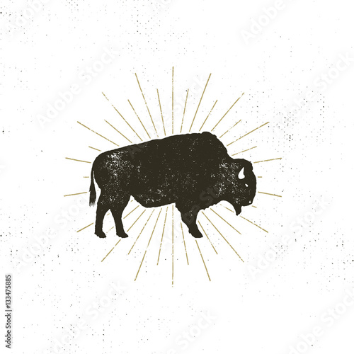 bison icon silhouette. Retro letterpress effect. Buffalo symbol with sunbursts isolated on white background. Use for steak house logo, infographics, logotype. Vector design