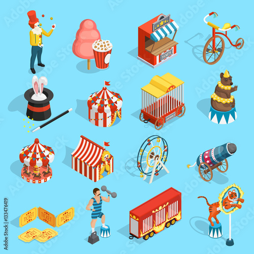 Travel Circus Isometric Icons Set 