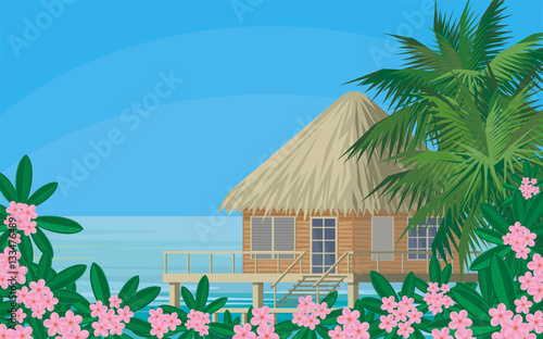 Bungalows on the ocean surrounded by tropical plants. South sea landscape. Vector background. 