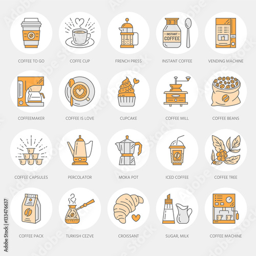 Coffee making equipment vector line icons. Tools - moka pot, french press, coffee grinder, espresso, vending, plant. Linear restaurant, shop pictogram with editable stroke for menu.