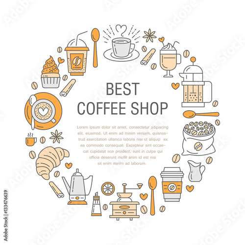 Coffee making poster template. Brewing vector line icon, circle illustration for menu. Elements - coffemaker, french press, coffee grinder, espresso, croissant, cupcake.