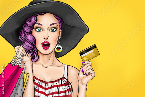 Pop art woman on shopping, success, invitation, model, love, bubble, party girl, valentines day, gossip girl, face, birthday, head, hat, cute, cool, purchase, poster, design, naive, pop, speak, kitsch