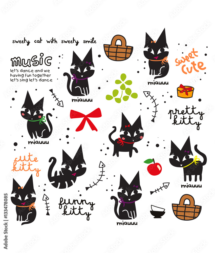Naklejka ładny czarny kot kreskówka wektor zbiory